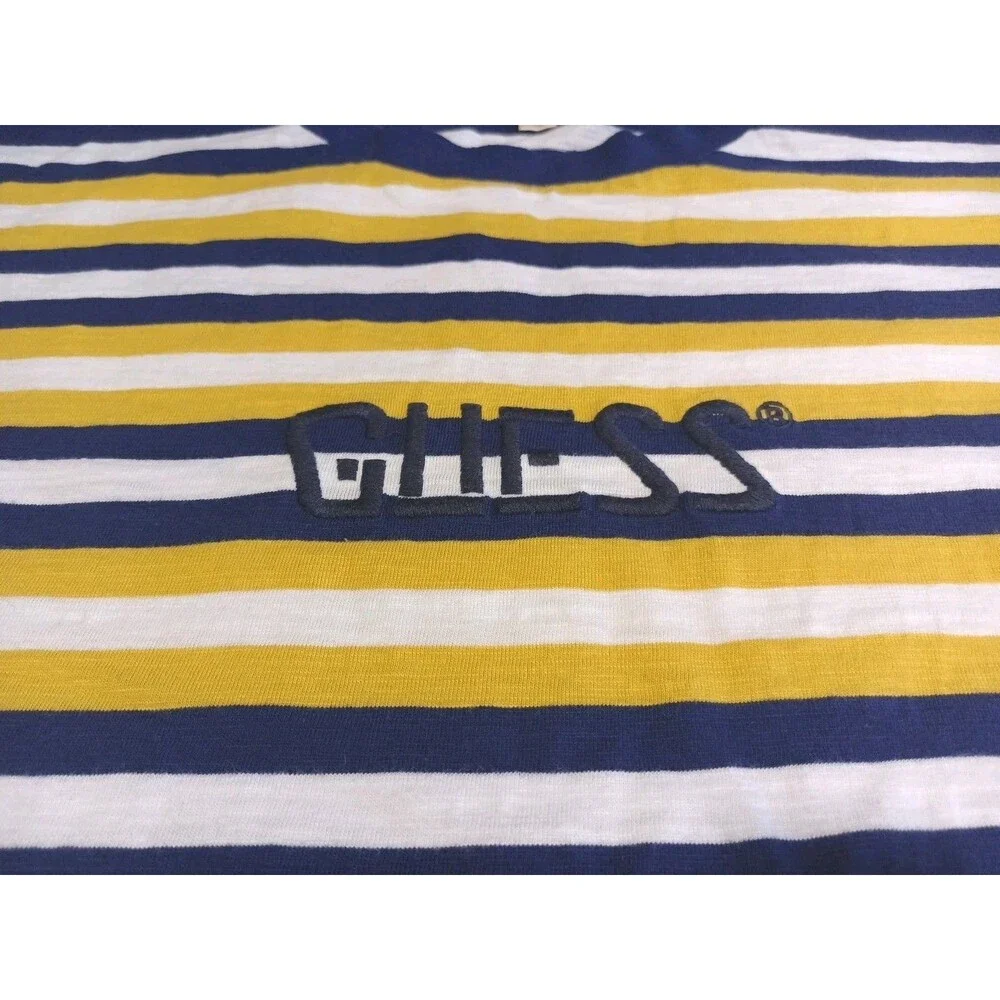 Vintage Guess Originals T-Shirt Striped Embroidery Mens Medium Yellow Blue - Picture 8 of 11